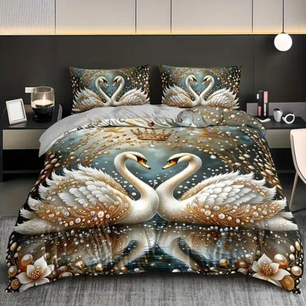 Light Color Elegant White Swan Duvet Cover Queen King Size Swan Pearl Bedding Set Four Seasons Universal Room Decoration Luxury