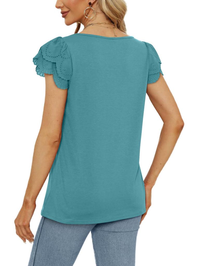 2023 Summer Women's Solid Color Loose U-Neck Lace Short Sleeve Top
