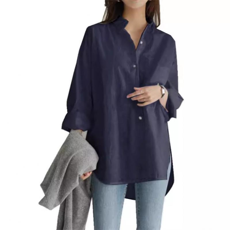 

Модна жіноча вільна повсякденна сорочка на ґудзиках з довгим рукавом незвичайної форми для осені та зими 5XL темно-синього кольору
