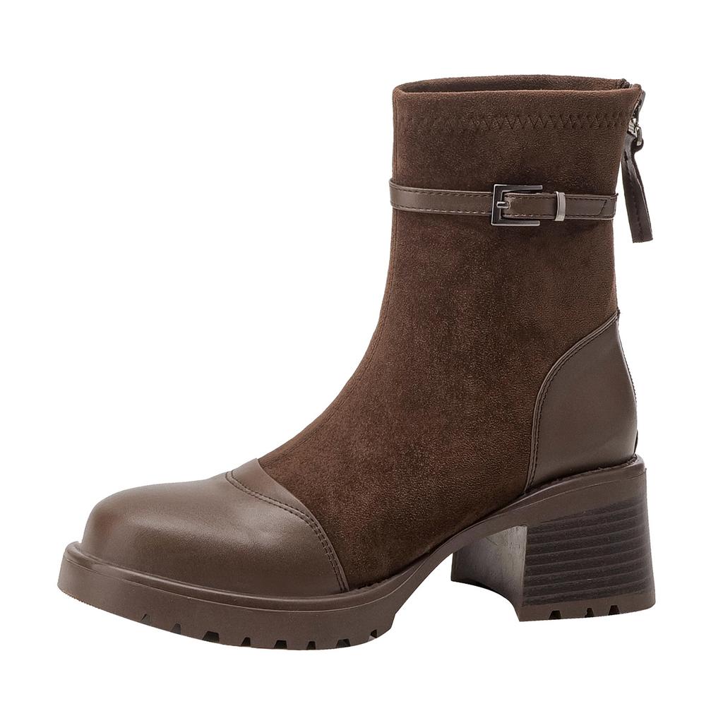 Customized short boots High heel platform short boots Women's thick heel women's boots Maillard coffee splicing medium tube thin boots