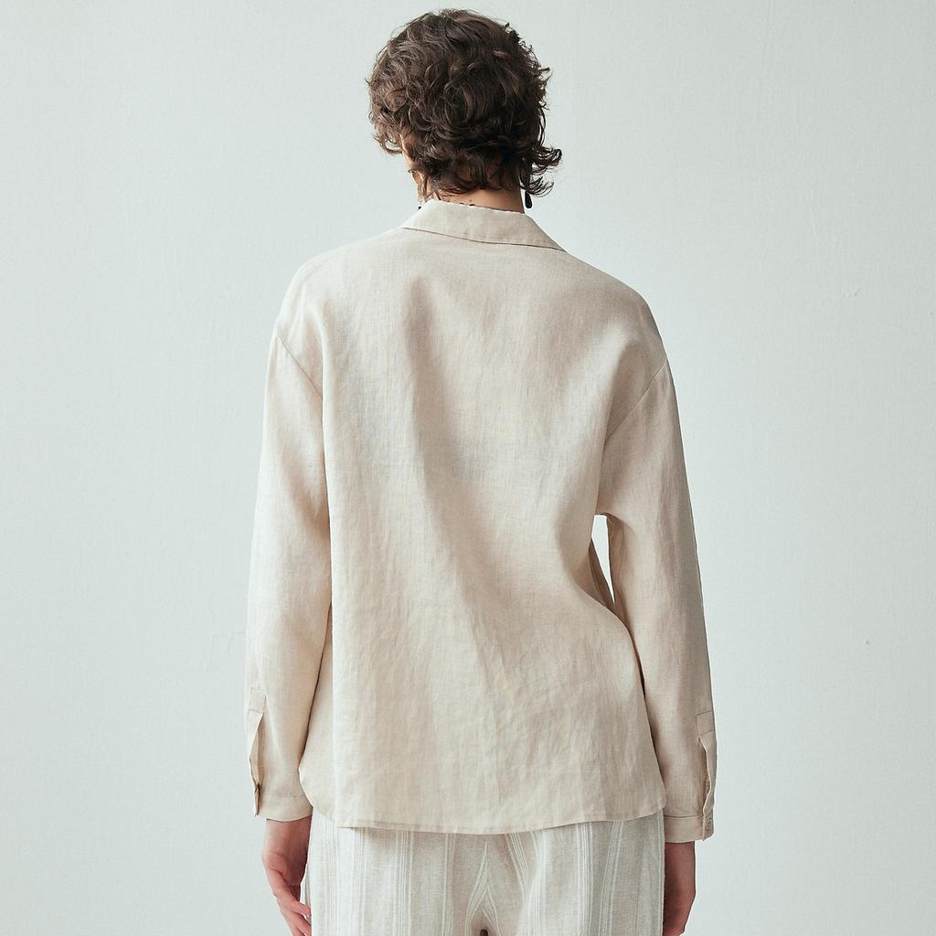100% linen] 26 summer collar retro loose and comfortable casual long sleeved shirt for women