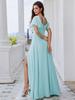 Ever-Pretty Women's U-Neck Backless Frenulum Knotting Short Sleeves High Slit A-Line Bridesmaid Dress Chiffon Evening Dresses