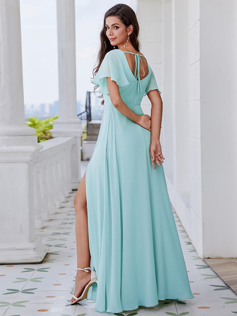 Ever-Pretty Women's U-Neck Backless Frenulum Knotting Short Sleeves High Slit A-Line Bridesmaid Dress Chiffon Evening Dresses