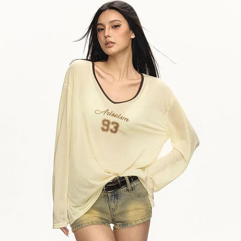Women Asymmetrical Neck Letter Print Long Sleeve Loose Tee S абрикосовый