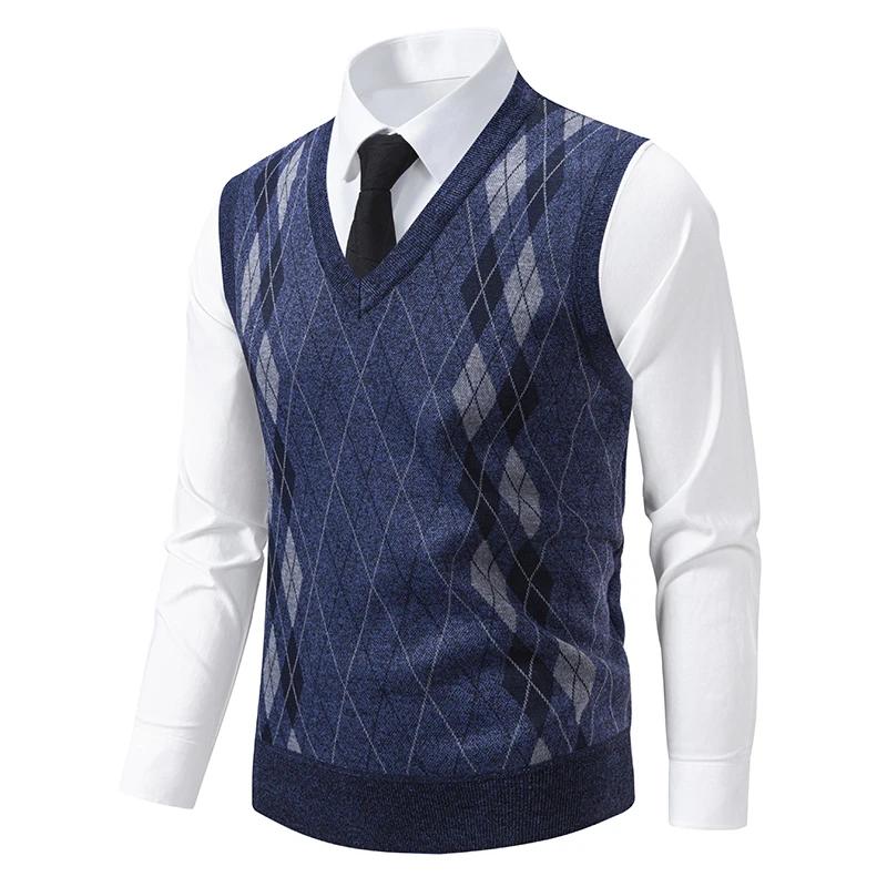 Men's Knitted Warm Sweater In Autumn and Winter V-neck Vest Diamond Grid Twisted Flower Casual Fashion Versatile Top