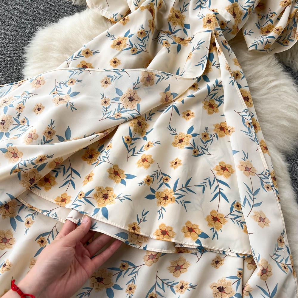 Blumenkleider Damen Sommer Französische Eustoma Ein Schulter Kurze Ärmel Teepause Schlitz Knielang Kleid