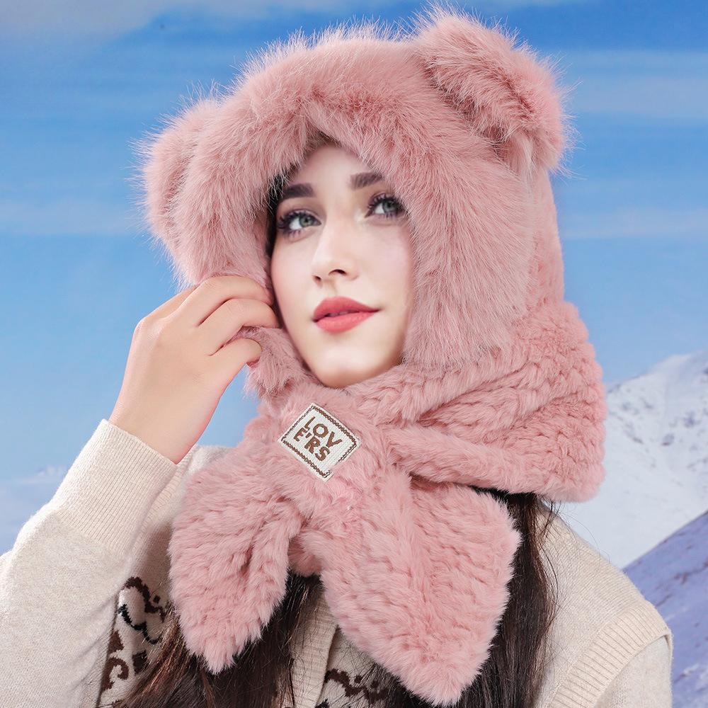 Warm Plush Hat for Women In Winter Plush Thickened Cold Protection Versatile Scarf Hat Integrated Furry Ear Protection Hat