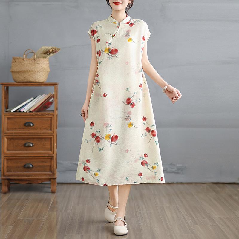 Chinese Style Pomegranate Sleeveless Cotton Linen Long Dress - Summer 2025 Retro Collection Medium