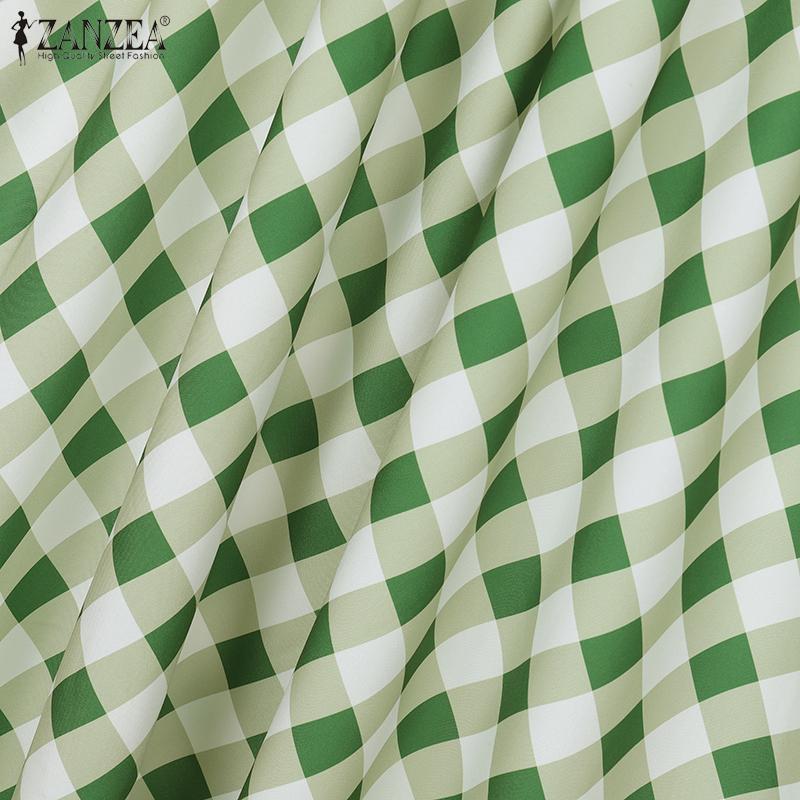 ZANZEA Women Short Sleeve Blouse and Long Skirts Plaid Print Two Piece Sets