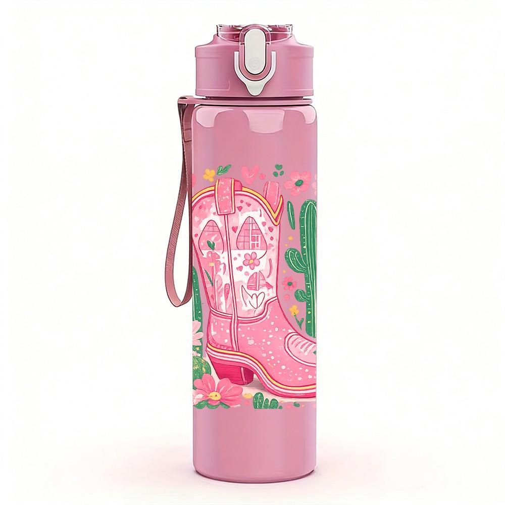 1PC Pink Cowboy Boot Cactus Western Print 750ml Color Plastic Sports Water Bottle Leakproof Flip Straw Lid Suitable for Sports Office Home Use