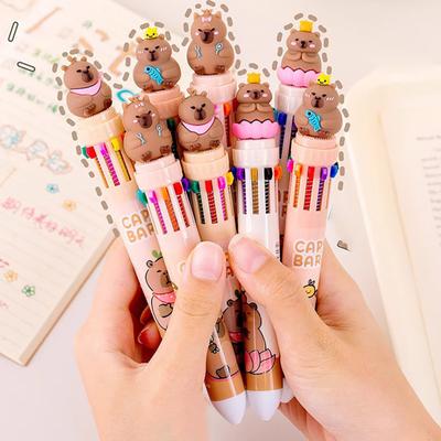 Penna a Sfera Multicolore 10 in 1, Carina Penna a Sfera Capibara, Penna a Scrittura a Pressione, Dieci Colori in Una Penna Retrattile per Cancelleria da Ufficio e Scuola
