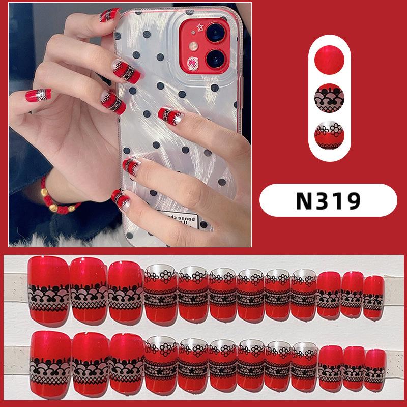 

European & American Red Lace Flower Press-on Nails: Removable, Whitening Manicure Patches