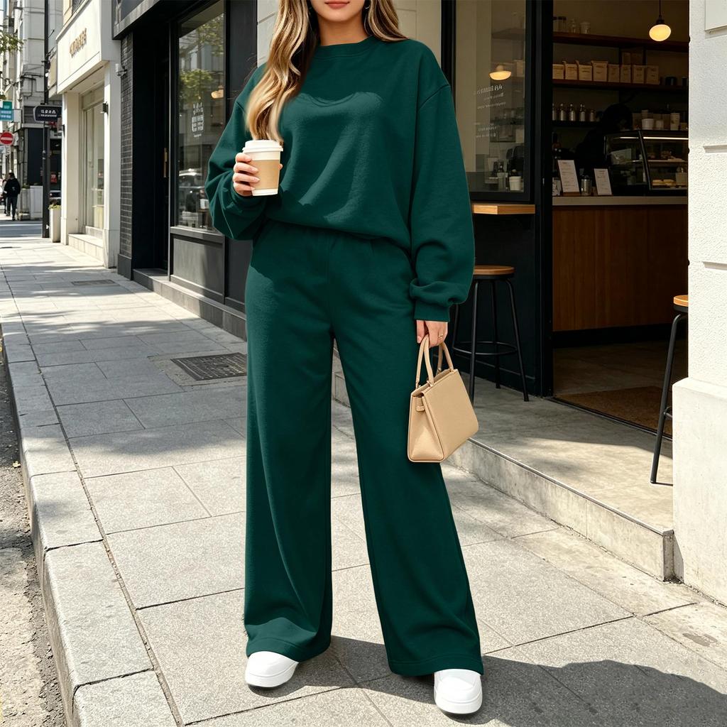 Women's Casual Fashion Long Sleeve High Waist Wide Straight Leg Sweatsuit Set