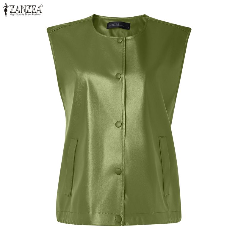 ZANZEA Women Round Neck Sleeveless Faux PU Leather Casual Waistcoat Vest Coats