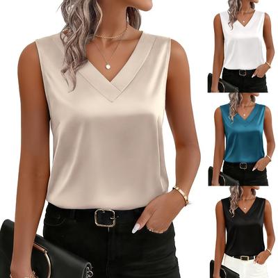 2026 Summer Women's Satin Suspender Vest V-Neck Casual Sleeveless T-Shirt Top