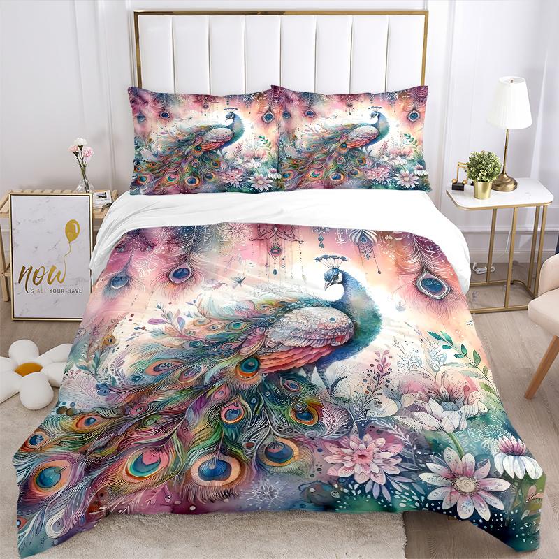 3pcs Peacock & Flowers Printed Quilt Set - Includes 1 Quilt Cover and