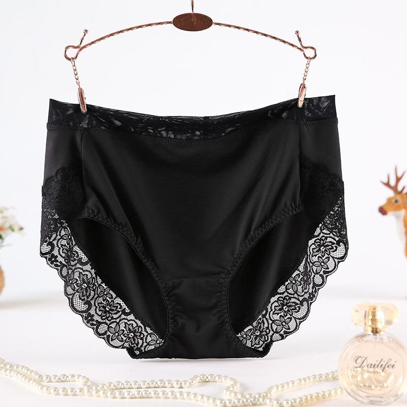 

Удобные трусики из молочного шелка для женщин, сексуальные кружевные трусы больших размеров, дышащие гладкие женские трусы, высокая эластичность M-47-55KG чёрный