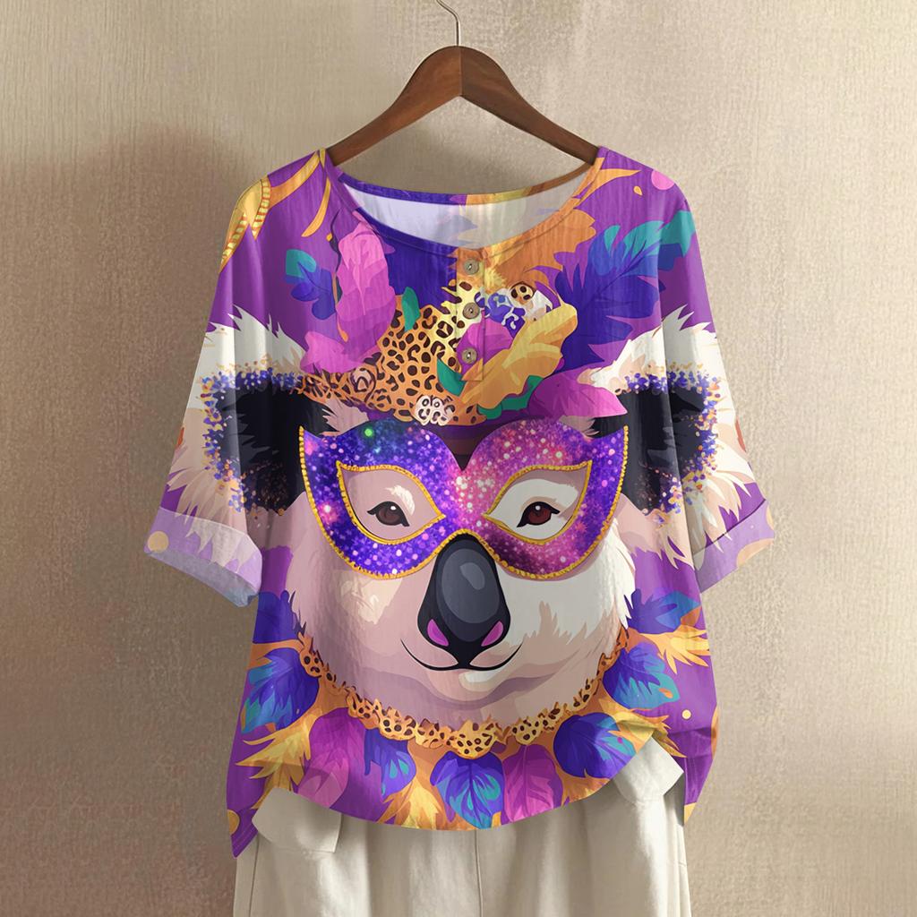 Women's Fashionable And Casual Shirt Half Sleeve Round Neck Print Cotton And Linen Blouse Top