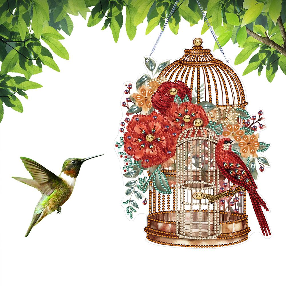 Acrylic Diamond Art Hanging Pendant Flower Birdcage Single-Sided 5D DIY Diamond Painting Dots Pendant for Home Wall Decor