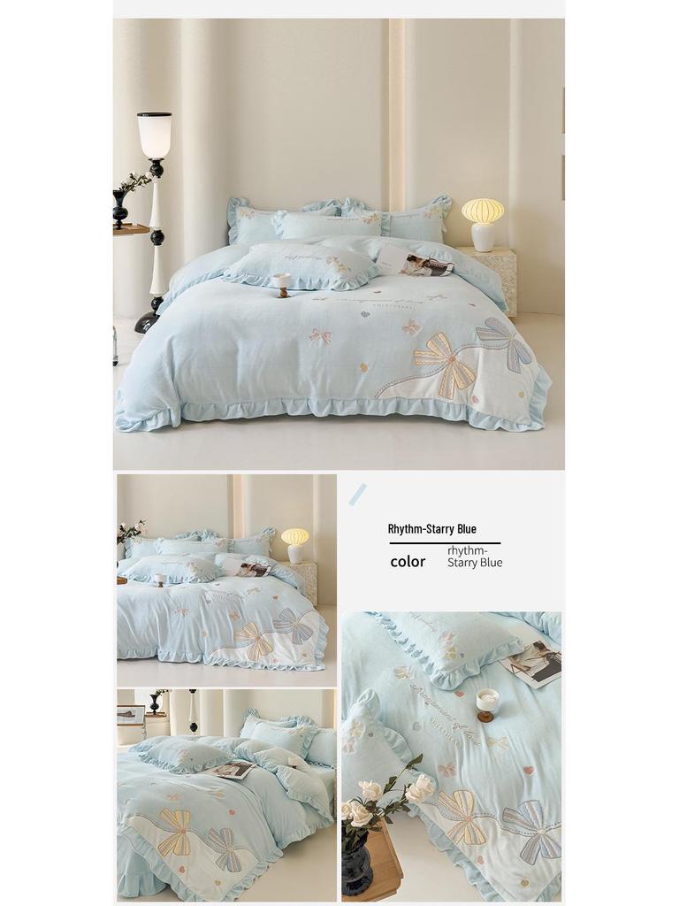 Set de lenjerie de pat gros, călduros, din catifea de lapte, dantelă și fleece de corali - Design confortabil antistatic pentru toamnă/iarnă