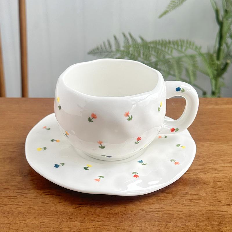 Korean Hand-Painted Ceramic Cup & Saucer Set - Creative Irregular Design for Coffee & Tea