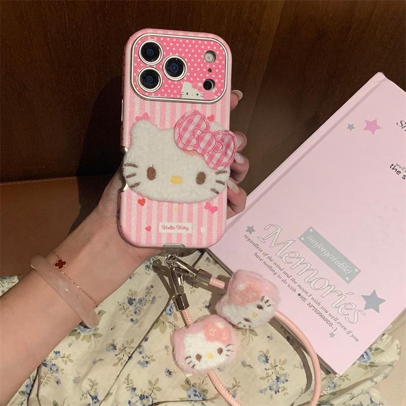 Fashion Pink Stripe Cute Hellokitty Phone Case For iPhone 17 Pro 16 15 14 Pro Max Cover with Hand Strap Shockproof Protective Ca