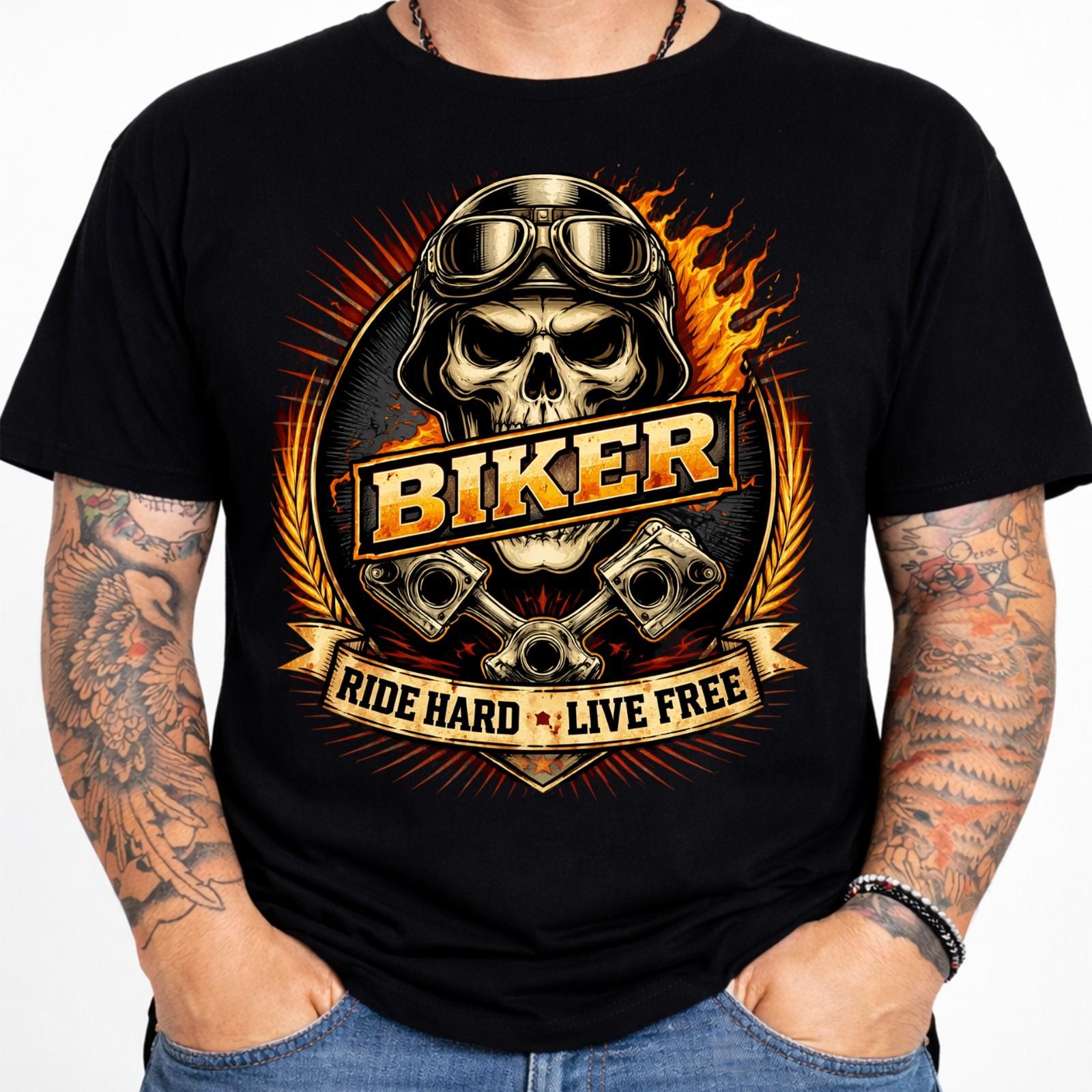 Biker Skull T Shirt Ride Hard Live Free Piston Flame Graphic Vintage Tee Gift S