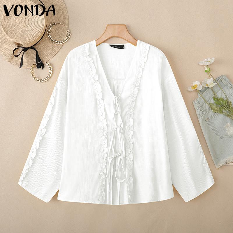 VONDA Women V Neck Long Sleeve Lace Up Ruffled Hem Semi-Sheer Shirts Blouse