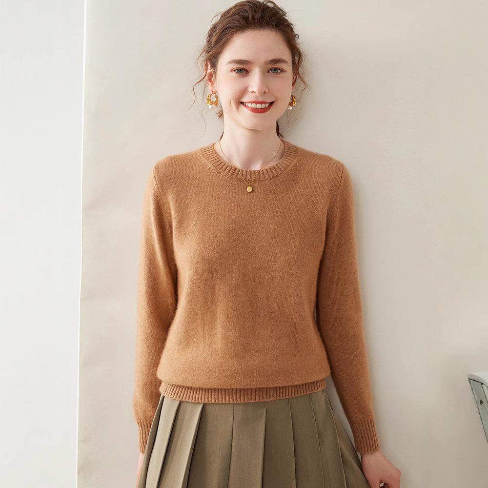 Women's Cashmere Knit Round Neck Long Sleeve Base Layer Sweater - Versatile, Thick, Loose Fit, Autumn/Winter Style