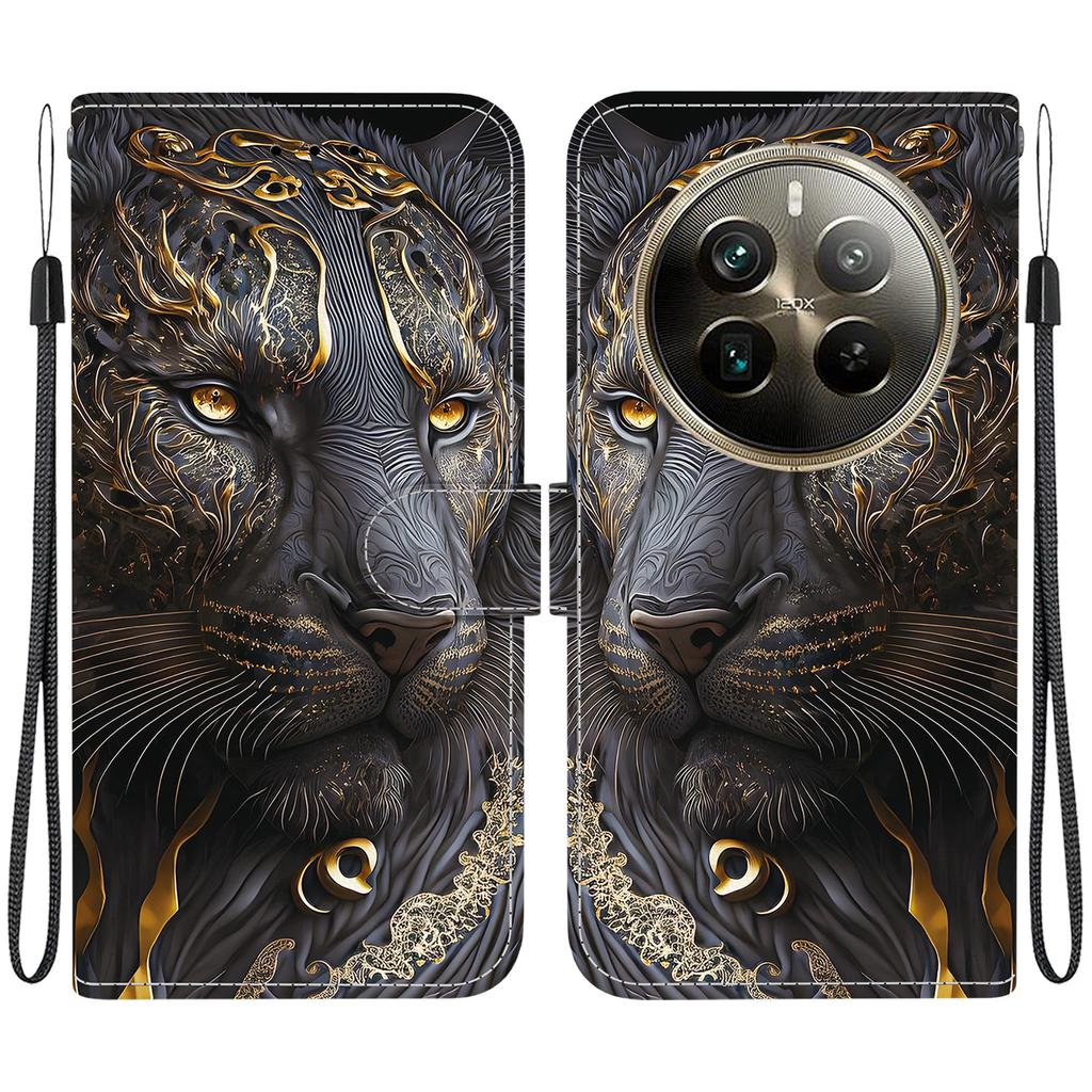 Handmade PU Leather Flip Case for Realme 12 Pro+ Anti-Slip Shockproof Cover with Wrist Strap & Heart/Rose Cat Designs