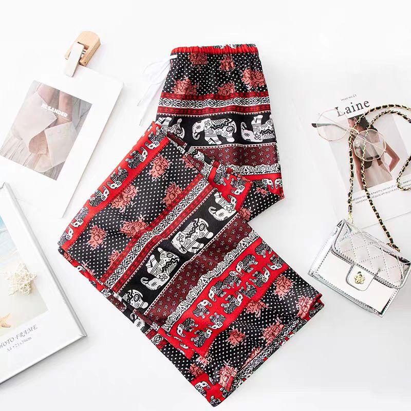 Südostasiatischer Ethno-Stil Damen Thai Elefant Weitbein Strandhose, Hohe Taille Schlankmachende Gerade Bein Sommerhose.