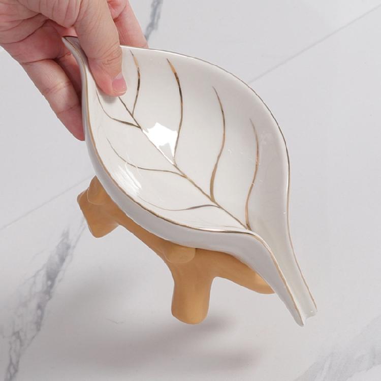 Modern Ceramic Soap Holder NonSlip Base Golden Leaf Pattern Soap Dish Organizers Tray for Bathroom Kitchen Essential