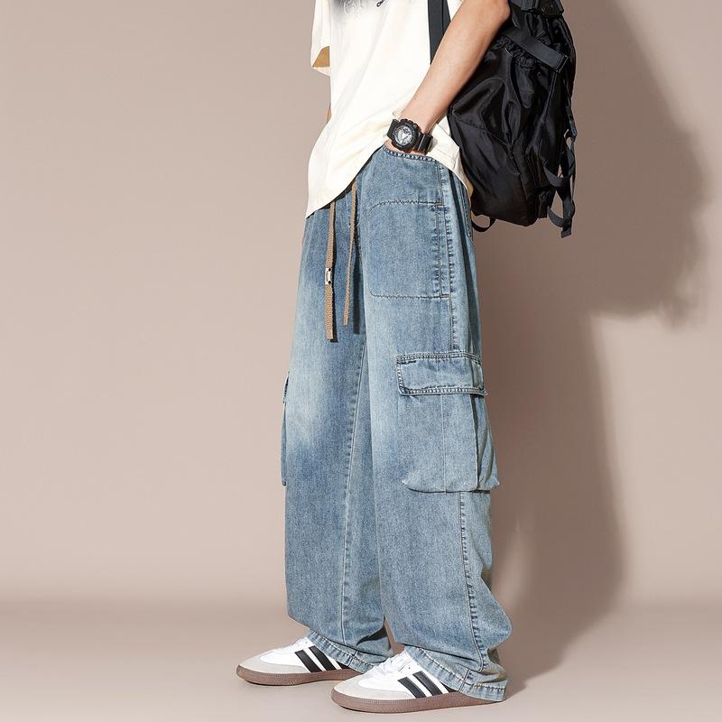 

Large Size Wide-leg Jeans Men s Spring Loose Straight Plus Fat Plus Large Fatty Casual Work Draped Trousers M синій