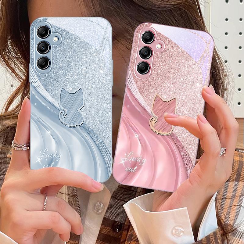 Sparkling Diamond Cat For Samsung Galaxy A14 4G 20 30 52 20S 21S 22 A32 33 34 42 50 51 53 54 70 71 72 73 5G Glass Phone Case
