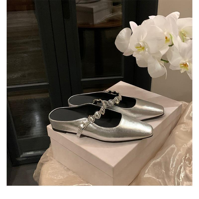 

Nei Zeng~ Leather silver thick-bottomed bag head slippers women s rhinestone word with slope heel sandals half slippers 35