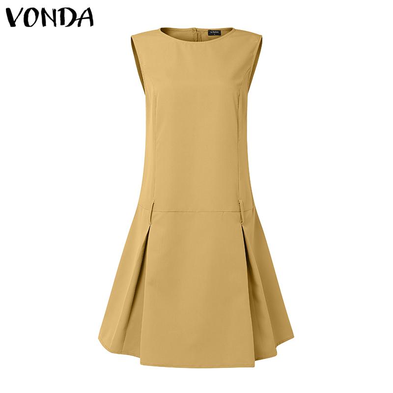 VONDA Women Elegant Round Neck Sleeveless Solid Casual Pleated Dress No Belt