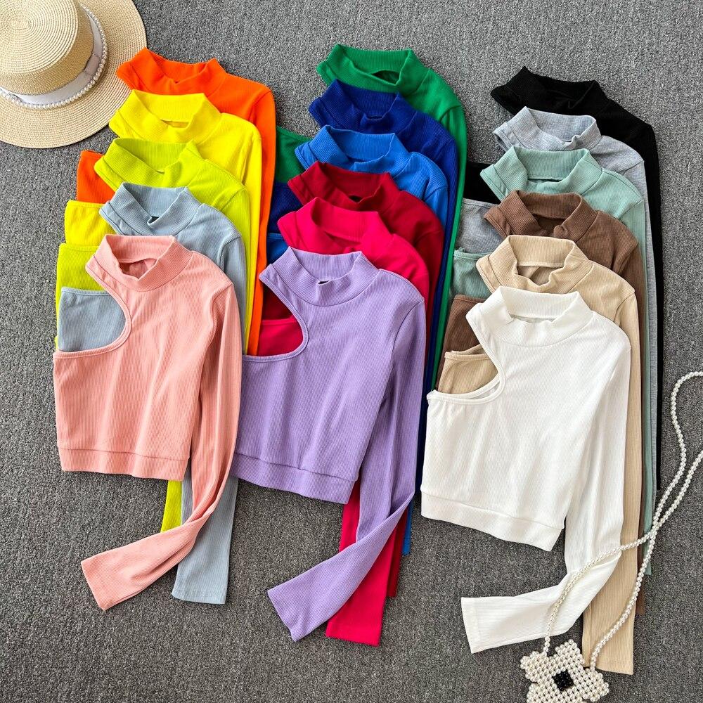 

Ретро-высокая шея, односторонняя, с открытыми плечами, сексуальная футболка с длинными рукавами, утягивающая рубашка с высокой талией и коротким дном, топ