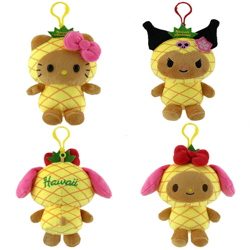 Hawaiian Pineapple Black Kuromi Backpack Charm Kuro-chan Kt Cat Plush Keychain Cute Toy Accessory 4pcs