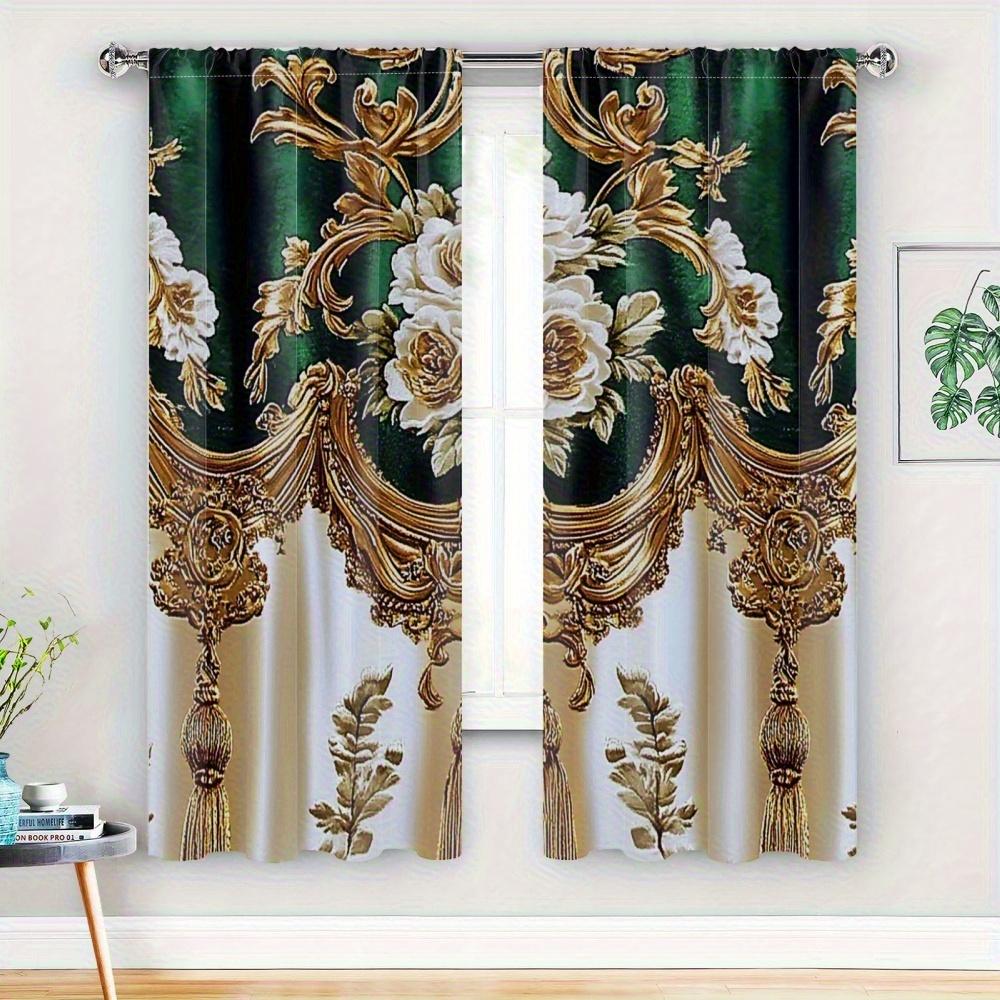 2pcs Elegant Gold Floral Print Polyester Curtains with Green & Gold Damask Design  for Bedroom  Living Room  Kitchen & Office Decor