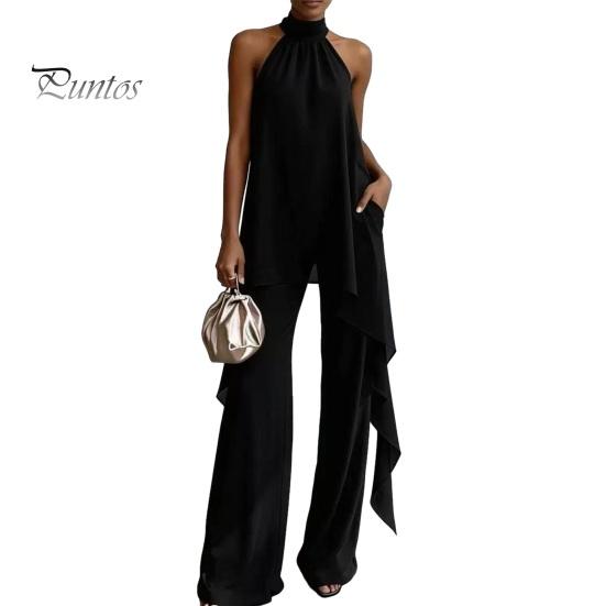 Completo da Donna Set da Casa da Donna, Completi in Chiffon da Donna a 2 Pezzi, Top Asimmetrici con Scollo all'Americana Senza Maniche con Abbigliamento Traspirante Pantaloni a Gamba Larga Outfit Estivi, Casual