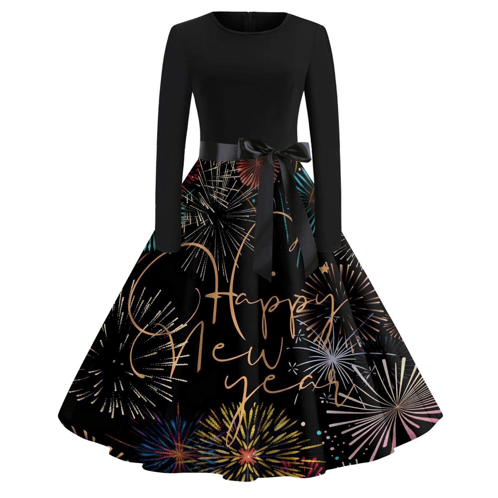 

Женское повседневное модное платье с круглым вырезом и длинным рукавом с новогодним принтом в ретро-стиле XXL чёрный