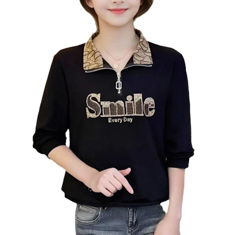 2024 Autumn Women's Letter Zipper Lapel Sweatshirt - Mom-Style Long Sleeve with Sparkling Details
