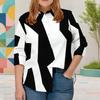 Women Plus Size Collared Neck Long Sleeve Black White Geometric Printed Button Front Curved Hem Shirt