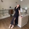 2026 French Style Elegant Black Polka Dot V-Neck Slit Dress with Drawstring Waist - Women's Slimming Little Black Dress