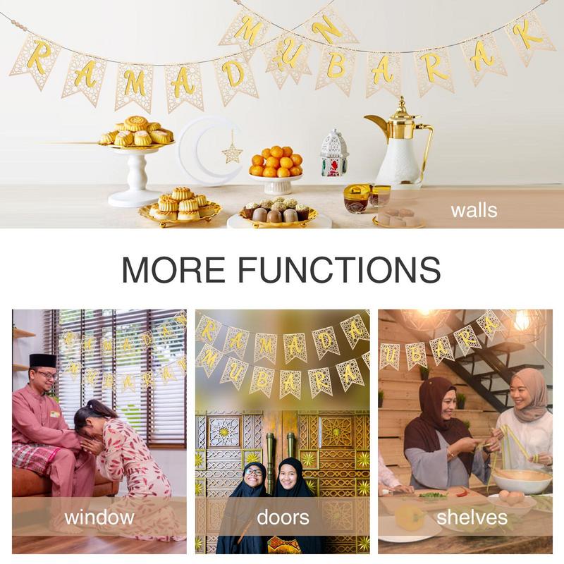 1pcs Eid Mubarak Hollow Wooden Banner Hanging Ornaments Islamic Muslim For Home Ramadan Decoration Festival Party Supplies