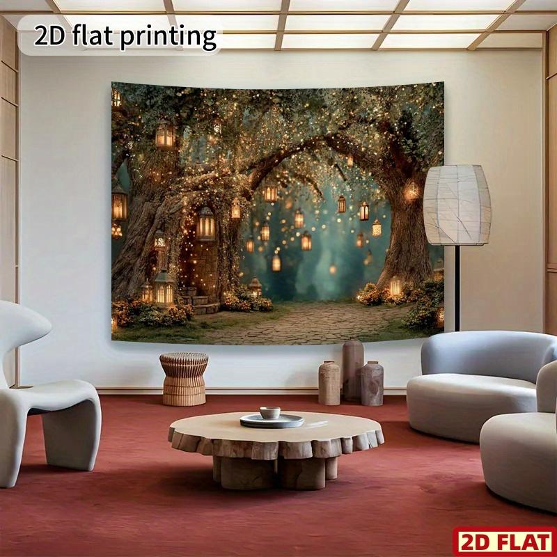 2D Flat Banner 1 Set of Psychedelic Forest Fairy Light String Banner - Magic Tree Background Cloth with Lanterns and Flowers