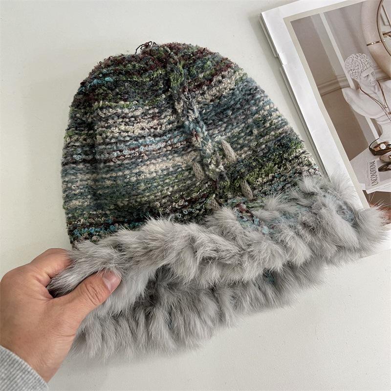 Niche Mixed-color Rabbit Rough Edge Warm Big Head Circumference Knitted Hat Women's New Autumn and Winter Design Sense Strap Headgear