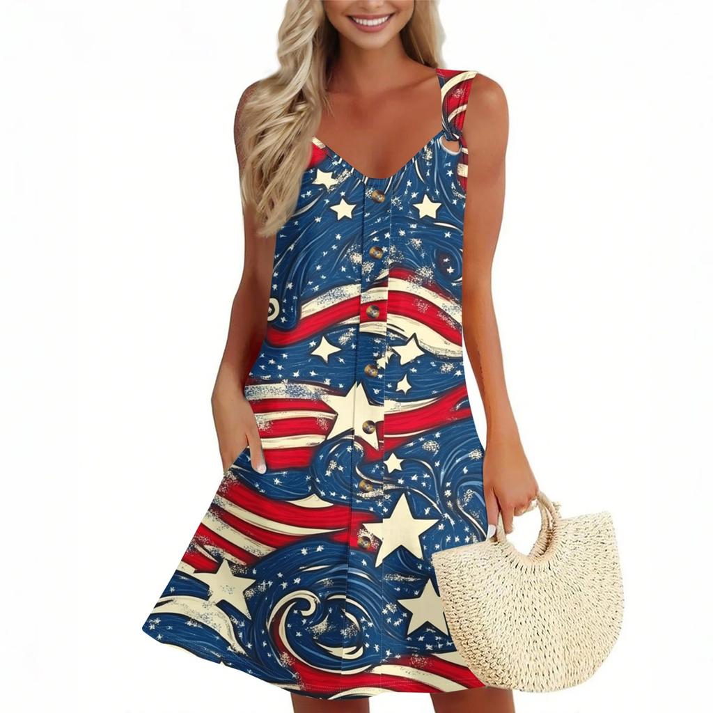 Women's Summer Dress Sleeveless Independence Day Print Sundress With Pocket