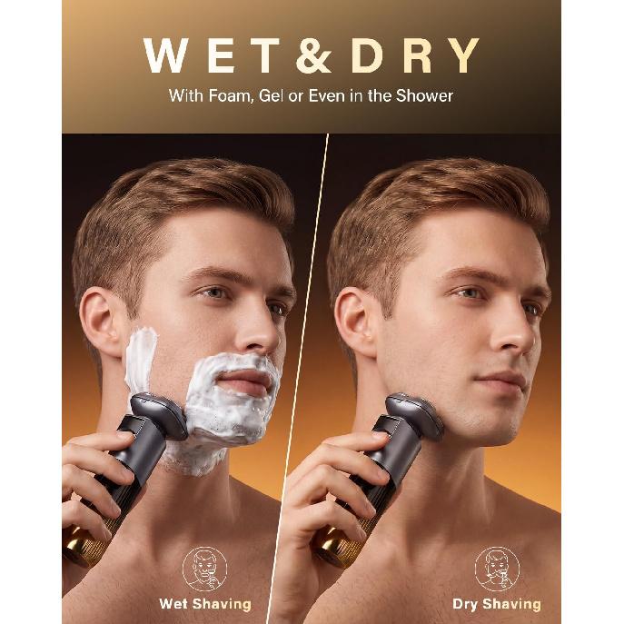 Electric Razor for Men, IPX7 Waterproof, Wet or Dry Electric Shavers with 4D Flex Blades & LED Display, Sensitive Skin Care, Pop-up Trimmer