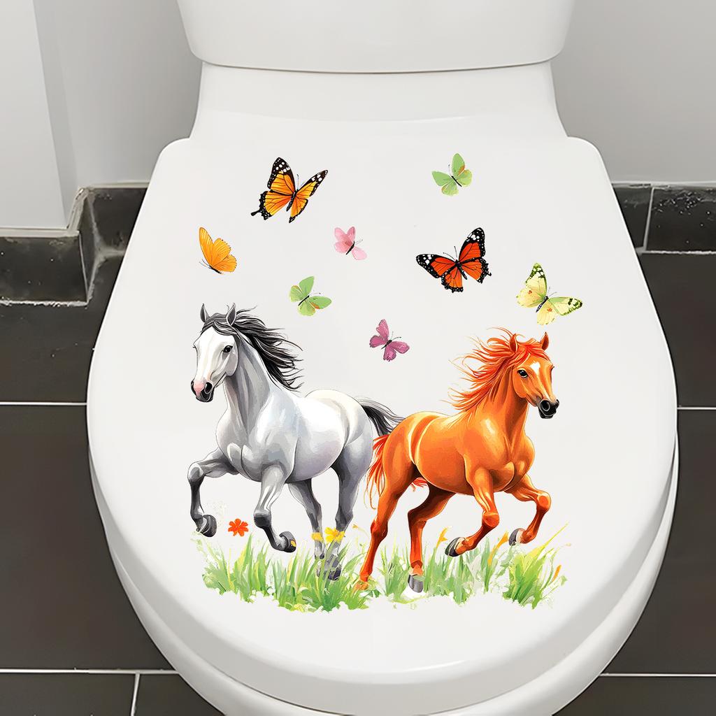 Elegant Horse & Butterfly Toilet Stickers, Waterproof Removable Self-Adhesive for Bathroom Decor